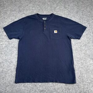 Carhartt Henley Pocket T-Shirt Navy Blue Loose Fit Workwear Mens Size Medium